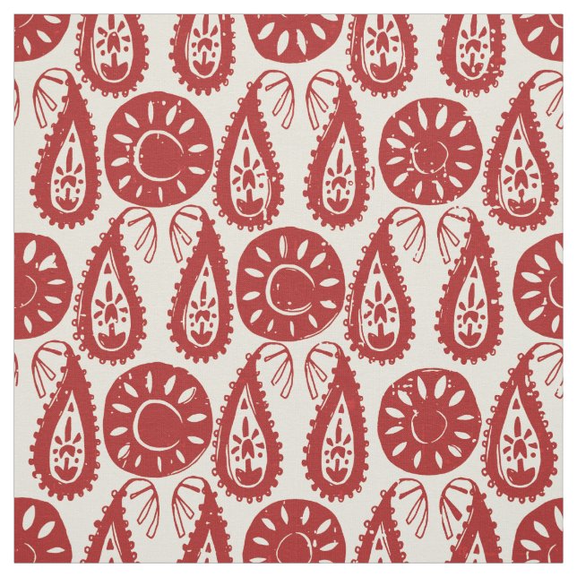 paisley block red ivory fabric (Swatch)