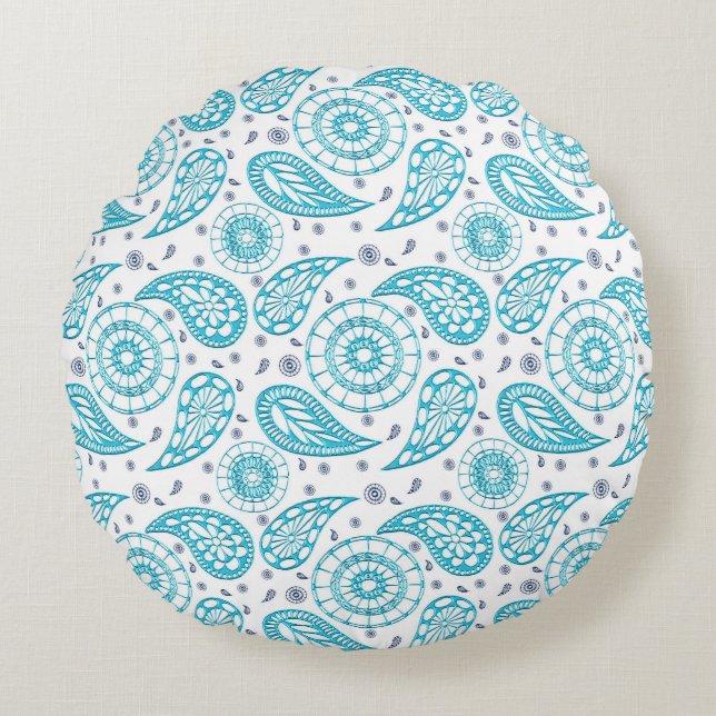 Paisley blue boho pattern round cushion (Front)