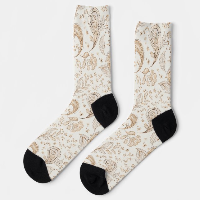 Paisley Boho Bohemian Cream Tan Brown Socks (Left)