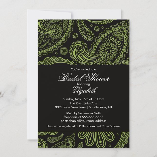 Paisley Bridal Shower Invitation Chartreuse Black (Front)