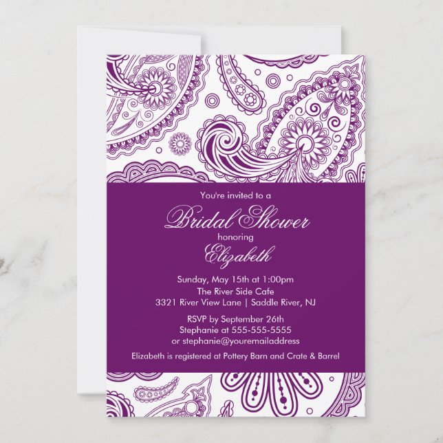 Paisley Bridal Shower Invitation Purple & White (Front)