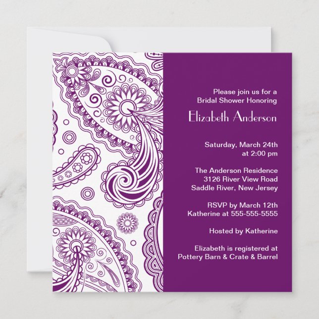 Paisley Bridal Shower Invitation Purple & White (Front)