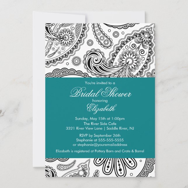Paisley Bridal Shower Invitation Teal Black (Front)