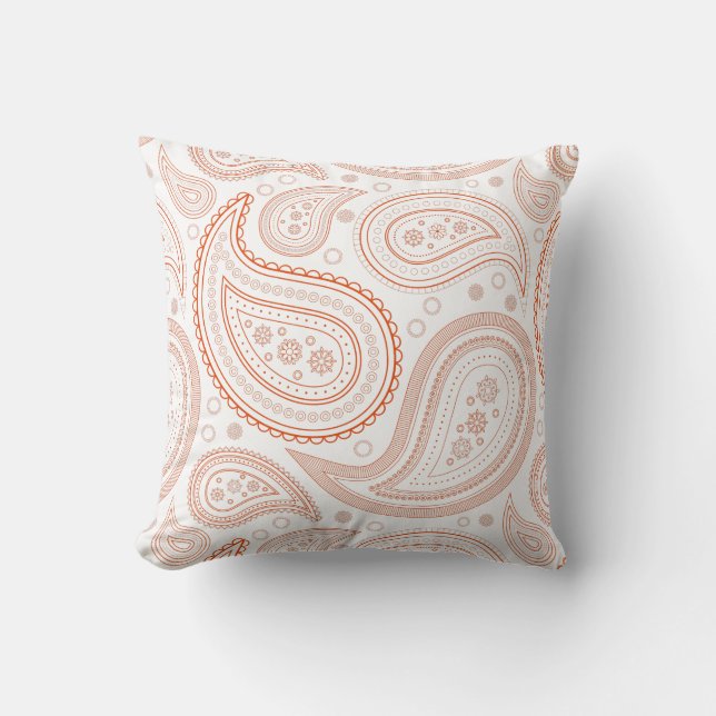 Paisley Bright Orange on White Throw Pillow (Front)