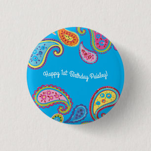Paisley Cute Colourful 1st Birthday Party 3 Cm Round Badge