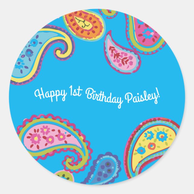 Paisley Cute Colourful 1st Birthday Party Classic Round Sticker (Front)