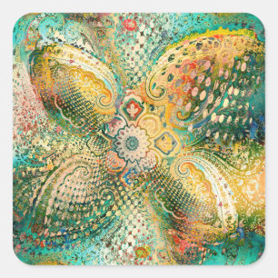 Paisley Design in Vibrant Yellow and Green Tones Square Sticker