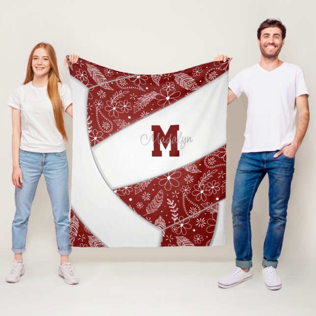 paisley doodle pattern maroon white volleyball fleece blanket (In Situ)