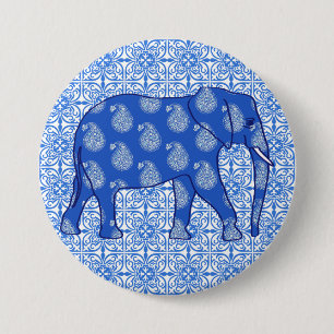 Paisley elephant - cobalt blue and white 7.5 cm round badge