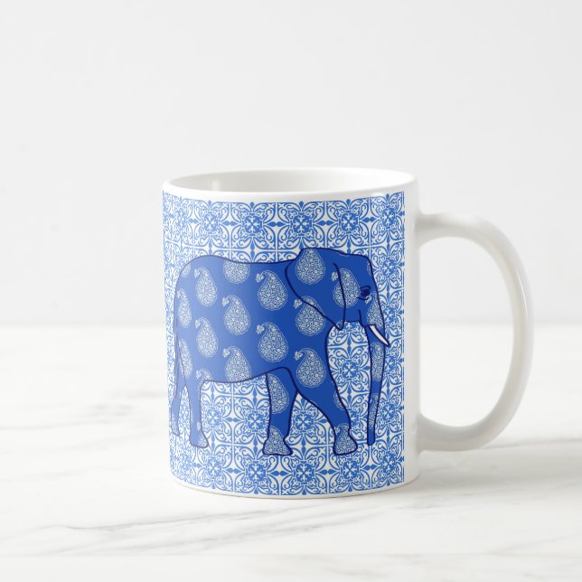 Paisley elephant - cobalt blue and white coffee mug (Right)