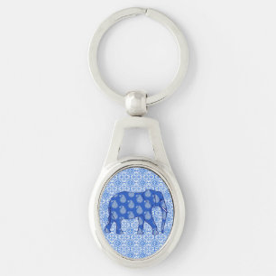 Paisley elephant - cobalt blue and white key ring