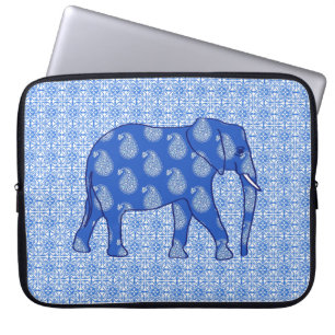 Paisley elephant - cobalt blue and white laptop sleeve