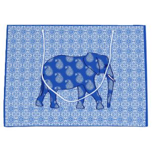Paisley elephant - cobalt blue and white large gift bag