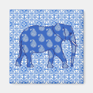 Paisley elephant - cobalt blue and white magnet