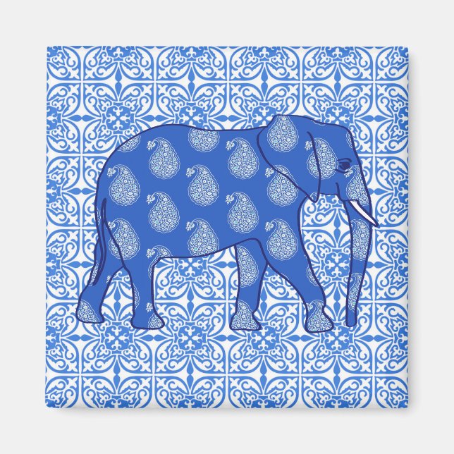 Paisley elephant - cobalt blue and white magnet (Front)