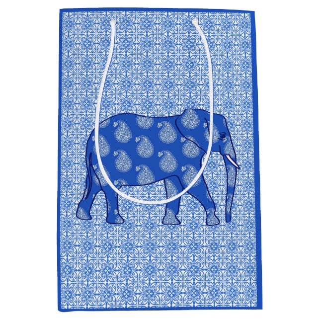 Paisley elephant - cobalt blue and white medium gift bag (Front)