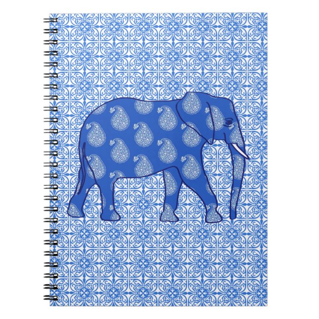 Paisley elephant - cobalt blue and white notebook (Front)