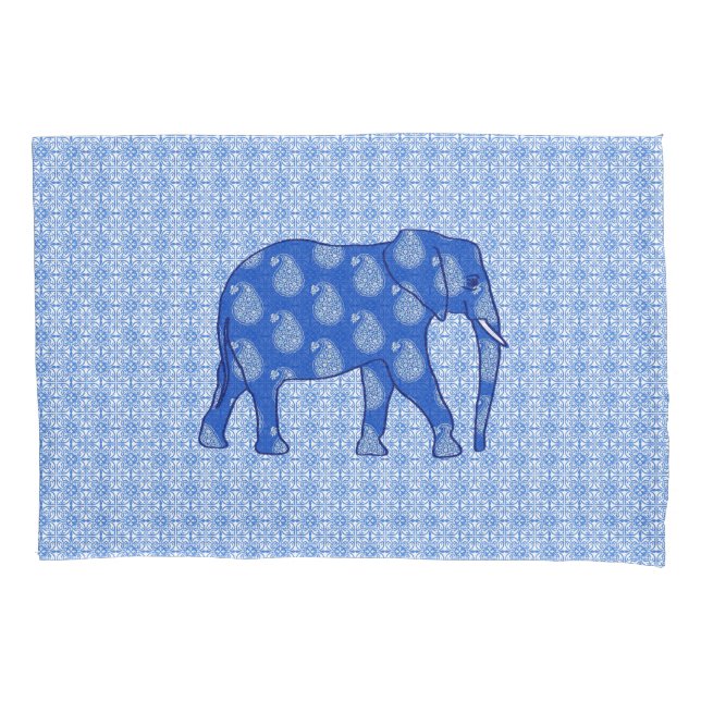 Paisley elephant - cobalt blue and white pillowcase (Front)