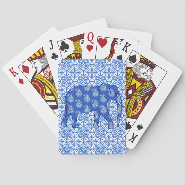 Paisley elephant - cobalt blue and white playing cards (Back)