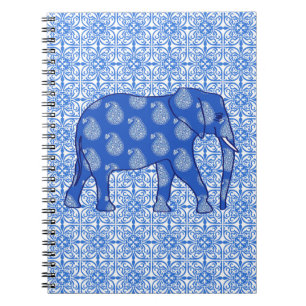 Paisley elephant - cobalt blue and white spiral notebook