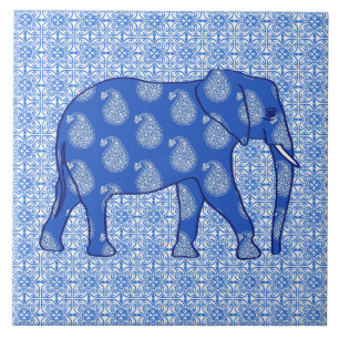 Paisley elephant - cobalt blue and white tile
