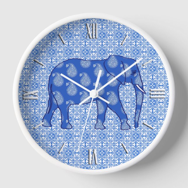 Paisley elephant - cobalt blue and white wall clock (Front)