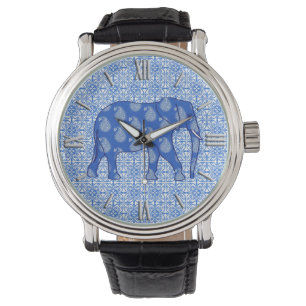 Paisley elephant - cobalt blue and white watch