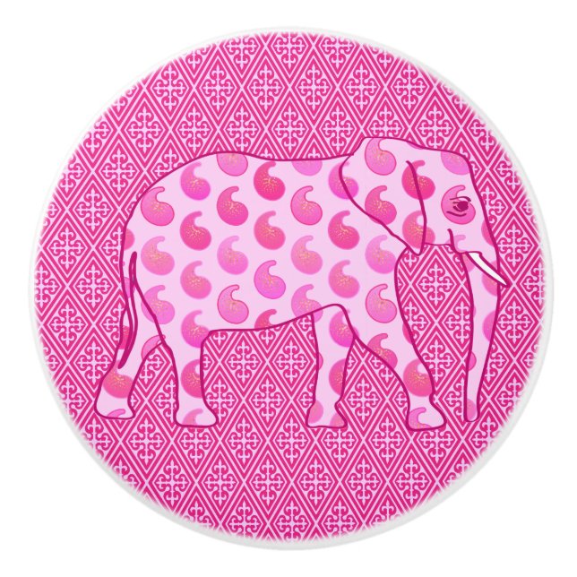 Paisley Elephant, Ice Pink and Fuchsia Ceramic Knob (Front)