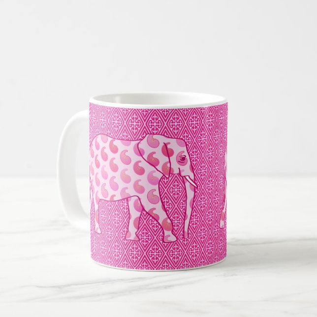 Paisley elephant - ice pink and fuchsia coffee mug (Front Left)