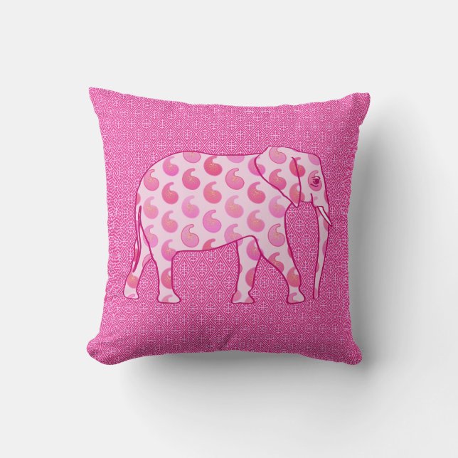 Paisley elephant - ice pink and fuchsia cushion (Front)