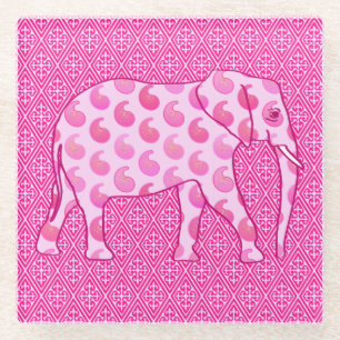 Paisley elephant - ice pink and fuchsia glass coaster
