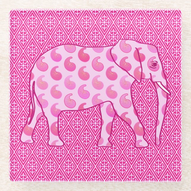 Paisley elephant - ice pink and fuchsia glass coaster (Front)