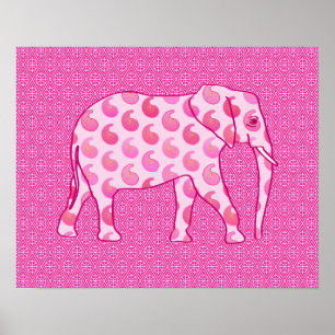 Paisley elephant - ice pink and fuchsia poster
