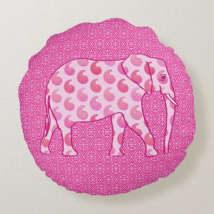 Paisley elephant - ice pink and fuchsia round cushion