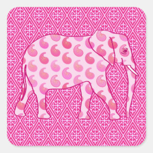 Paisley elephant - ice pink and fuchsia square sticker