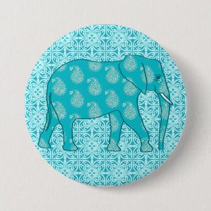 Paisley elephant - turquoise and aqua 7.5 cm round badge