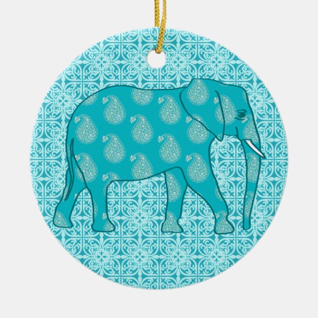 Paisley elephant - turquoise and aqua ceramic tree decoration (Front)