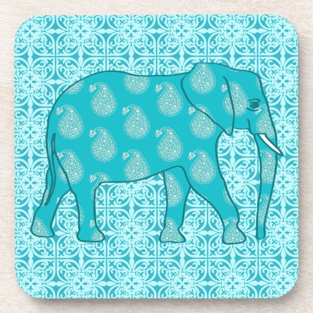 Paisley elephant - turquoise and aqua coaster (Front)