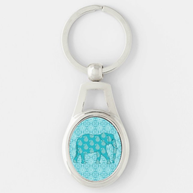 Paisley elephant - turquoise and aqua key ring (Front)