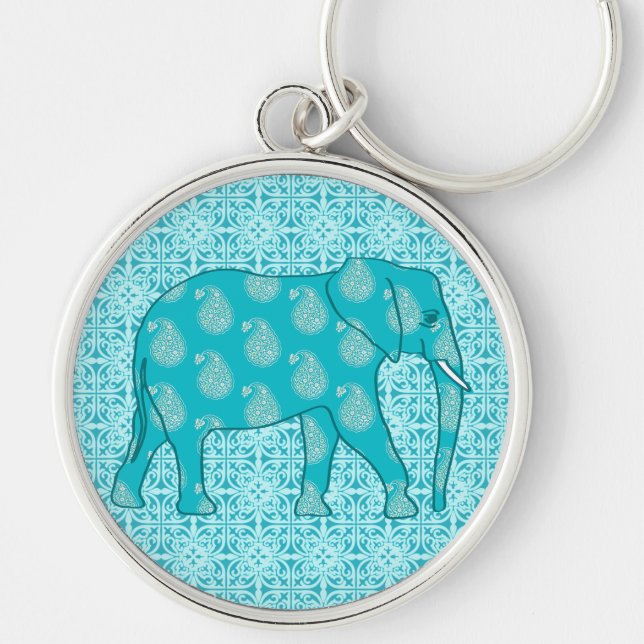 Paisley elephant - turquoise and aqua key ring (Front)