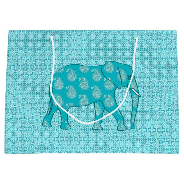 Paisley Elephant, Turquoise and Aqua Large Gift Bag (Front)