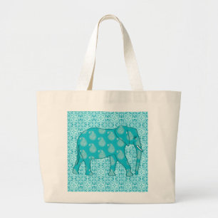 Paisley elephant - turquoise and aqua large tote bag