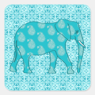 Paisley elephant - turquoise and aqua square sticker