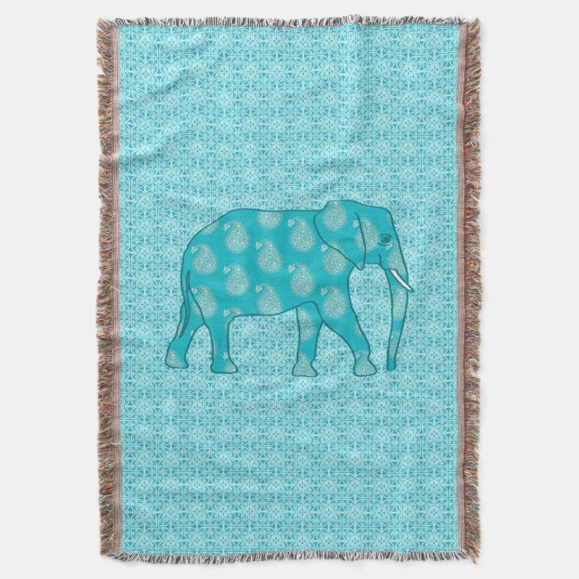 Paisley elephant - turquoise and aqua throw blanket (Front Vertical)