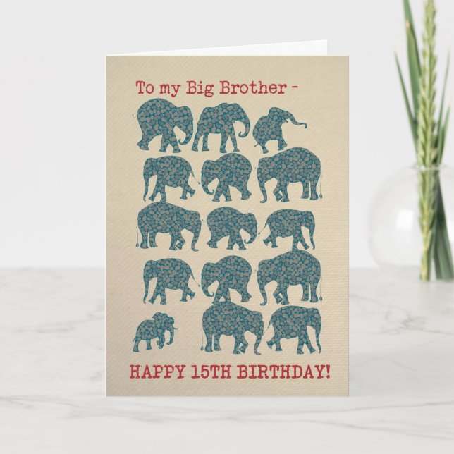 Paisley Elephants 15th Birthday Card, Big Brother Card (Front)