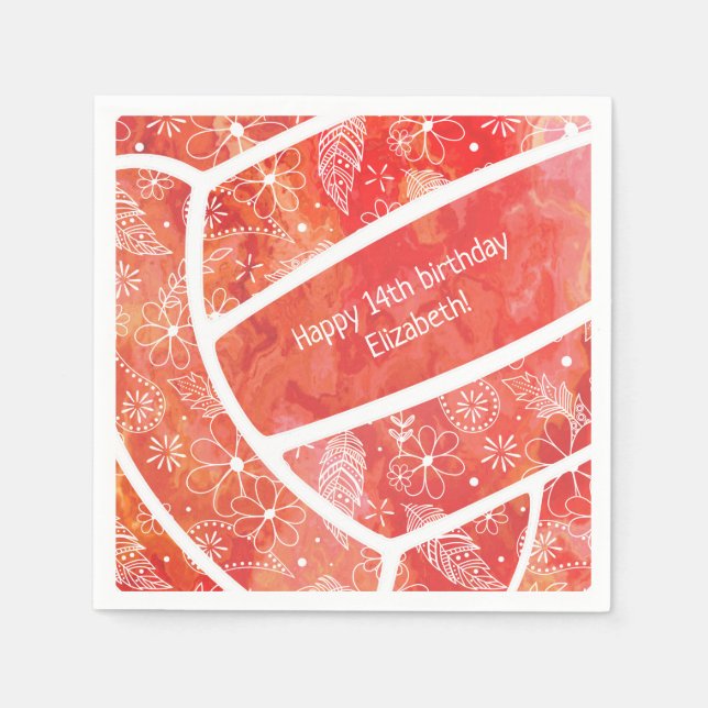Paisley feather doodles red orange volleyball napkin (Front)
