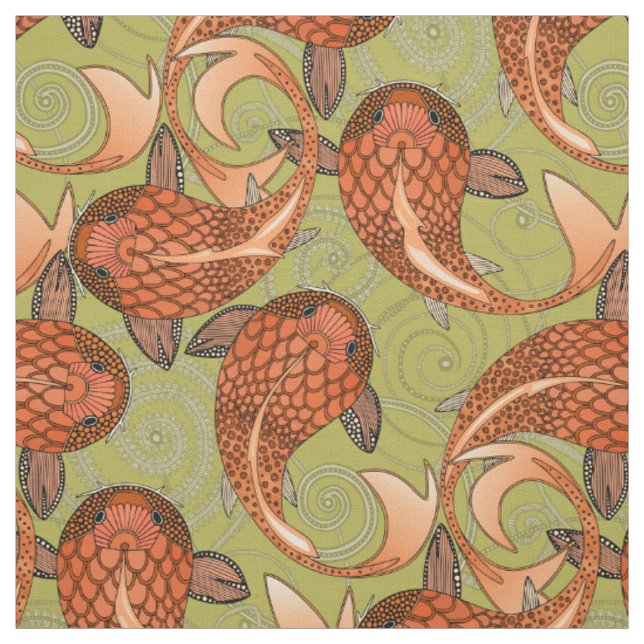 paisley fish cypress green fabric (Swatch)