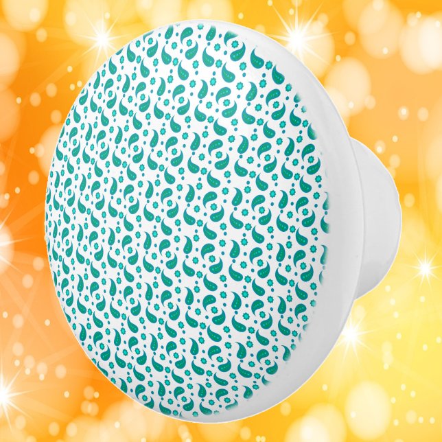 Paisley Floral Boho Pattern Blue Green Ceramic Knob (A ceramic knob with a paisley floral boho pattern done in blue and green)