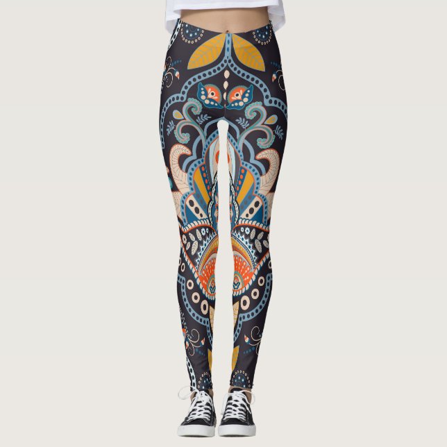 Paisley Floral: Dark Indian Pattern Leggings (Front)
