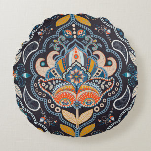 Paisley Floral: Dark Indian Pattern Round Cushion
